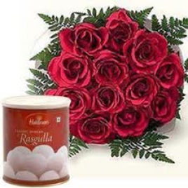 12 Red Roses Bunch With Mouth Watering Haldiram Rasgulla